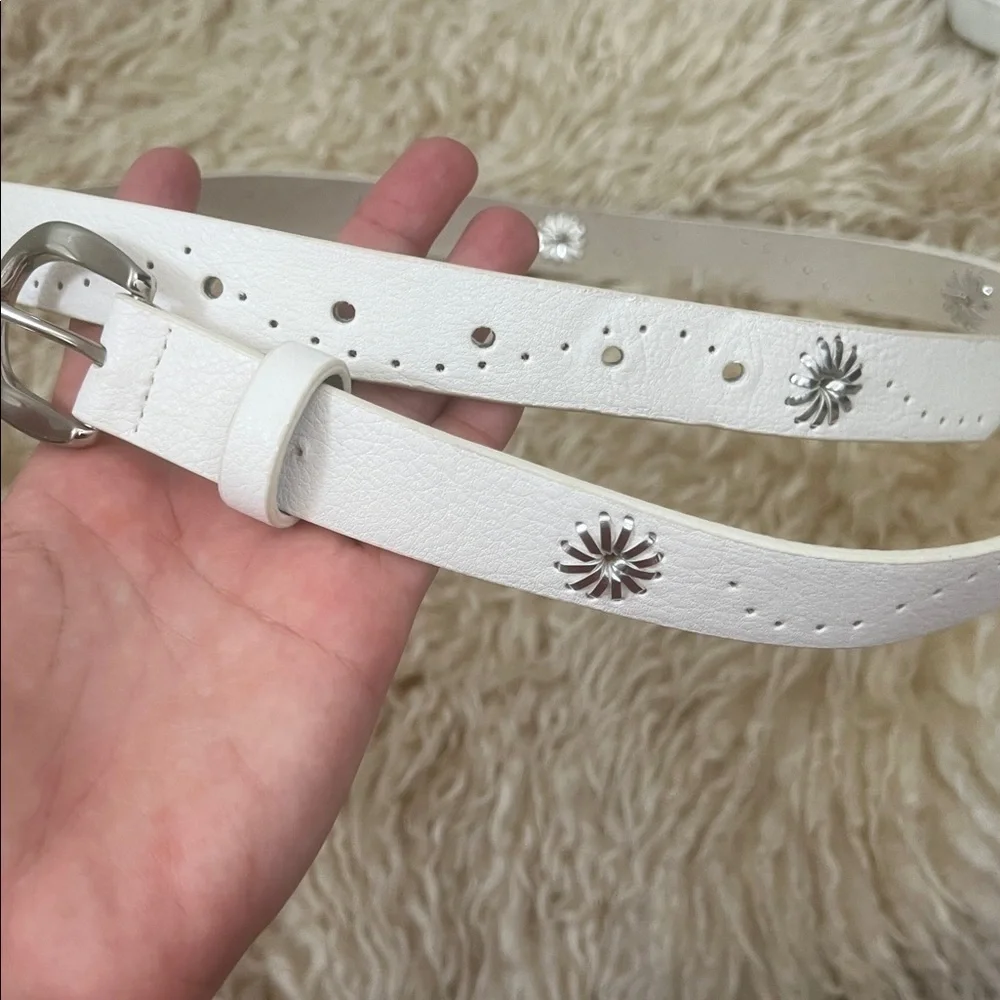 White Belt, Vintage Hole Patterned Belt, Silver Tone Buckle